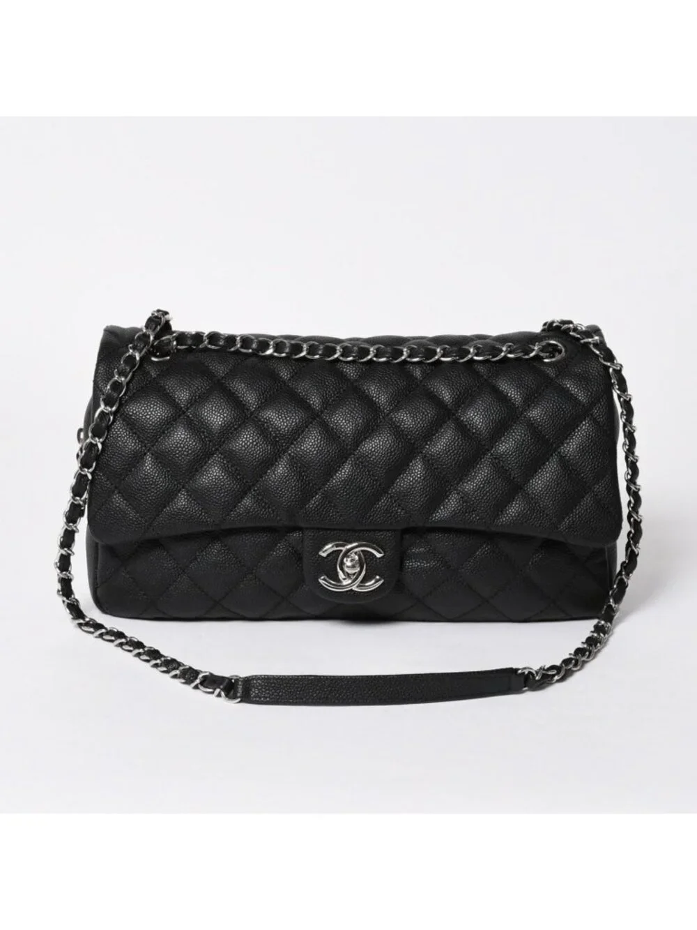 Chanel Maxi Quilted 30 Chain Shoulder Bag CC Logo Caviar Leather Black Silver
